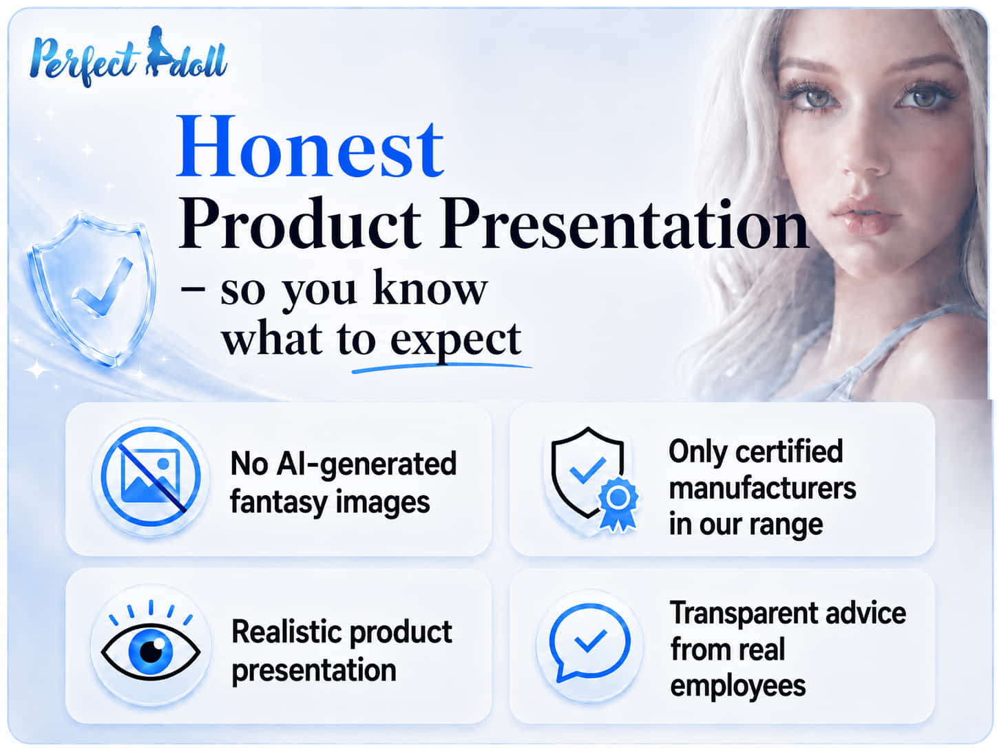 Presentación honesta de los productos: sin imágenes fantásticas generadas por IA, fabricantes certificados, representación realista de los productos y asesoramiento transparente